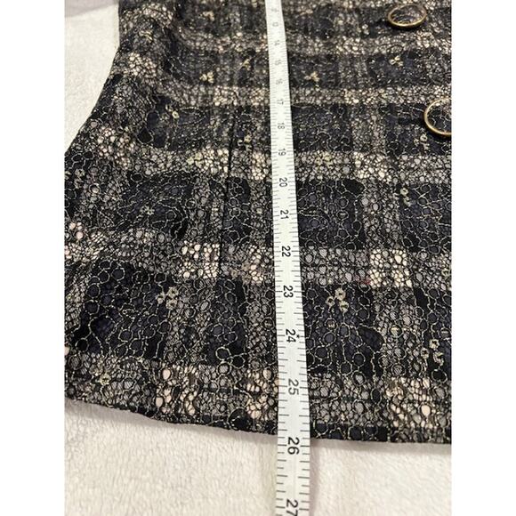 CHICO'S Black Tan Plaid Gold Lace Overlay 3/4 Sleeve Blazer Jacket Size 2 LARGE - Picture 8 of 15